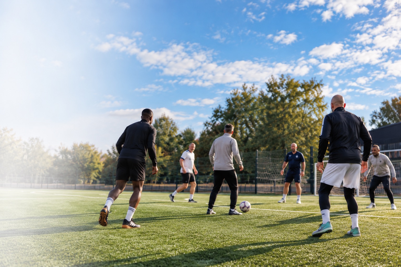 Une partie de walking football sur un terrain synthétique, en plein soleil